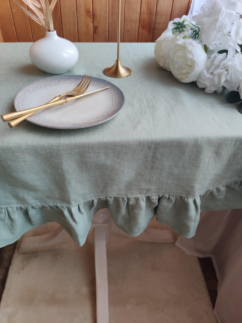 Linen tablecloth for kitchen decor, Custom size cloth in rectangle, oval, or round Sage green boho table cloth Large tablecloth with ruffles image 2