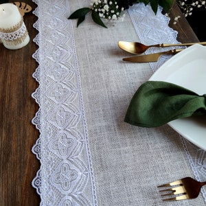 Wedding Table Runner, Ivory Burlap Table Runner With White Lace, Jute ...