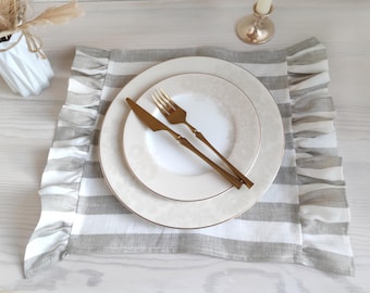 Placemats con volantes a granel, Placemats de lino natural conjunto de 2, 4, 6, 8 decoración rústica de granja, Placemats para decoración de mesa de bodas