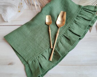 Olive linen kitchen towel for rustic decor, Ruffled tea towel for farmhouse kitchen, Hand towel for bathroom, Boho tea towels for cozy home