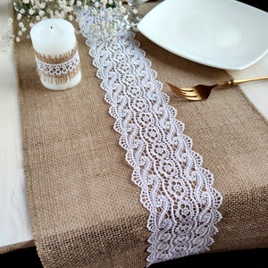 Wedding table runner, Table runner burlap with white lace, Farmhouse runner