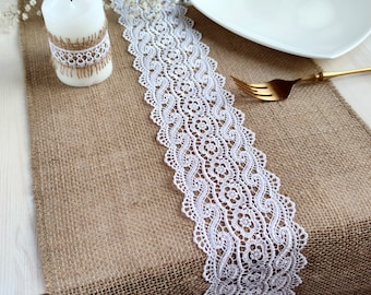 Wedding table runner, Table runner burlap with white lace, Farmhouse runner