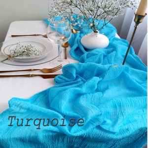 Centrotavola da matrimonio turchese, Runner da tavolo in garza, Runner da fattoria in garza, Decorazioni per matrimonio boho, Decorazioni per matrimonio rustiche