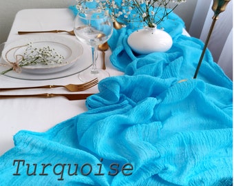 Turquoise wedding table centerpiece, Gauze runner for table, Cheese cloth farmhouse runner, Rustic wedding decor  RU-061