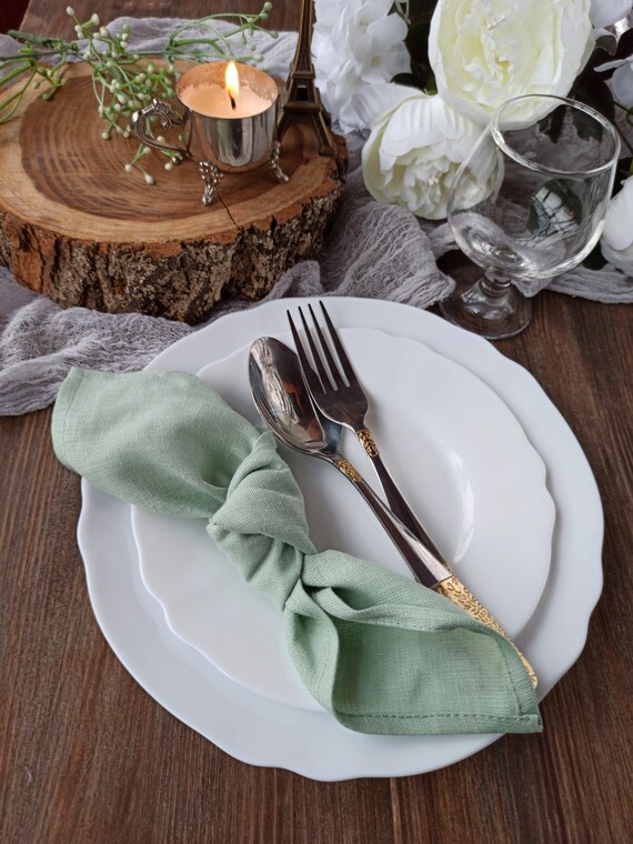 Linen Napkin Bulk, Dark Sage Green Fringed Linen Napkins, Wedding