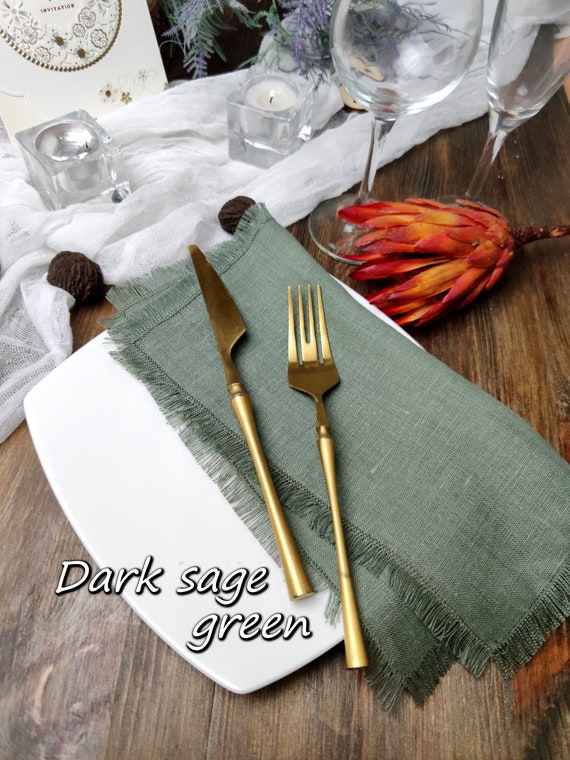 Linen Napkin Bulk, Dark Sage Green Fringed Linen Napkins, Wedding