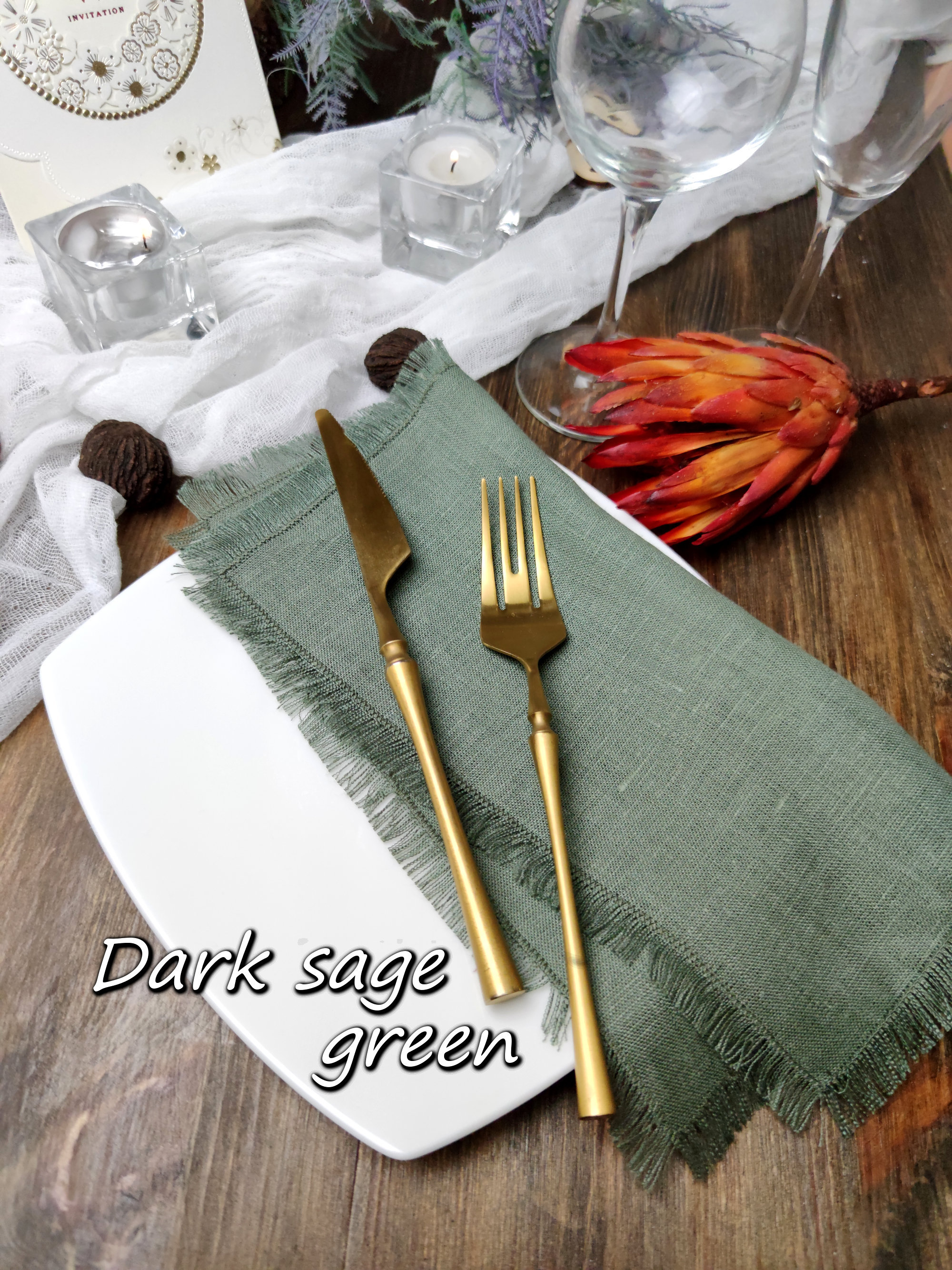 Linen napkin bulk Dark sage green fringed linen napkins Etsy