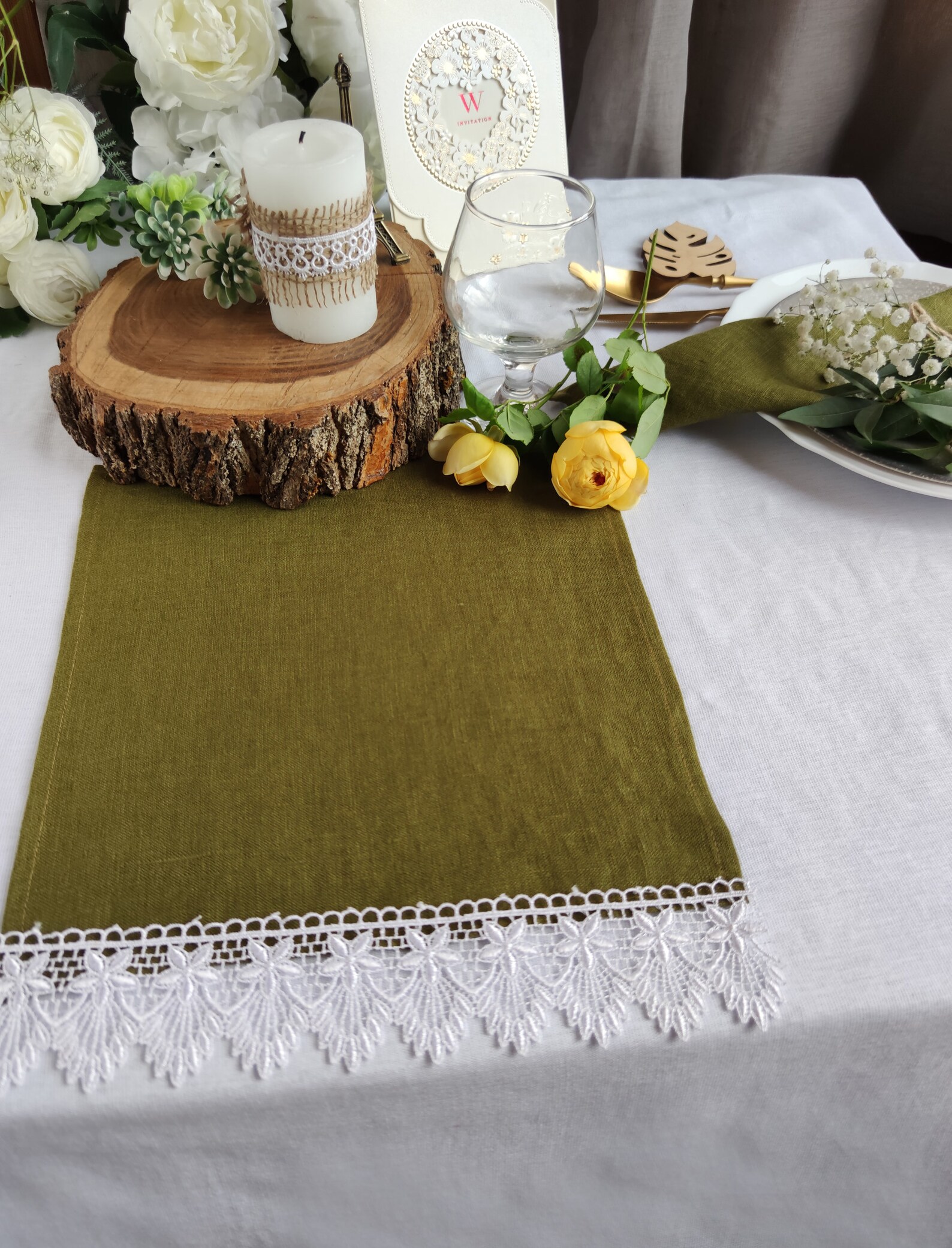 Mustard Linen Table Runner With White Lace Linen Table Decor Etsy