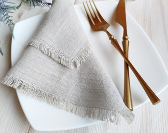Linen napkins with fringed edges, Cloth napkin farmhouse, Organic linen napkins for wedding table decor, Dinner cocktail napkins bulk