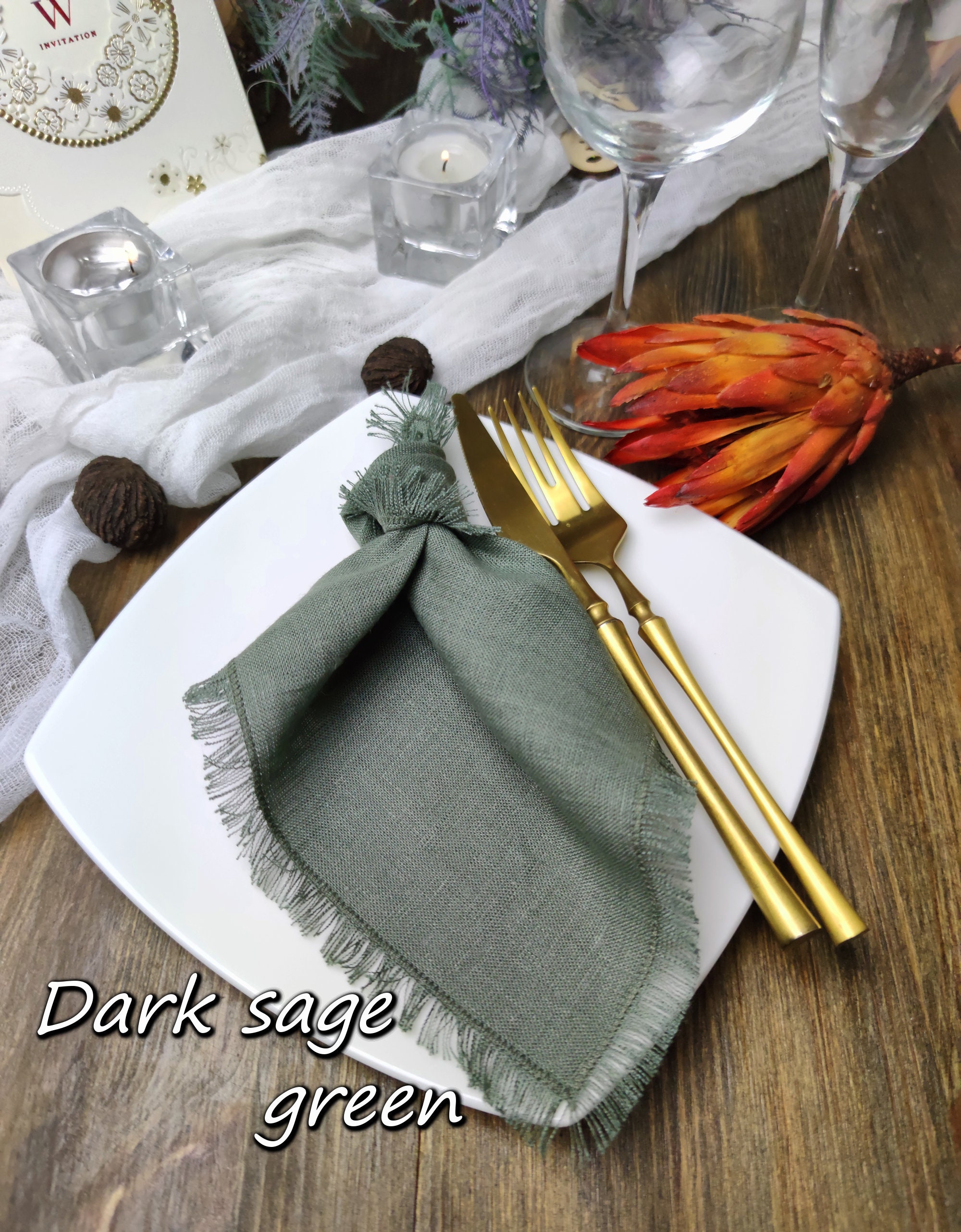 Linen napkin bulk Dark sage green fringed linen napkins Etsy