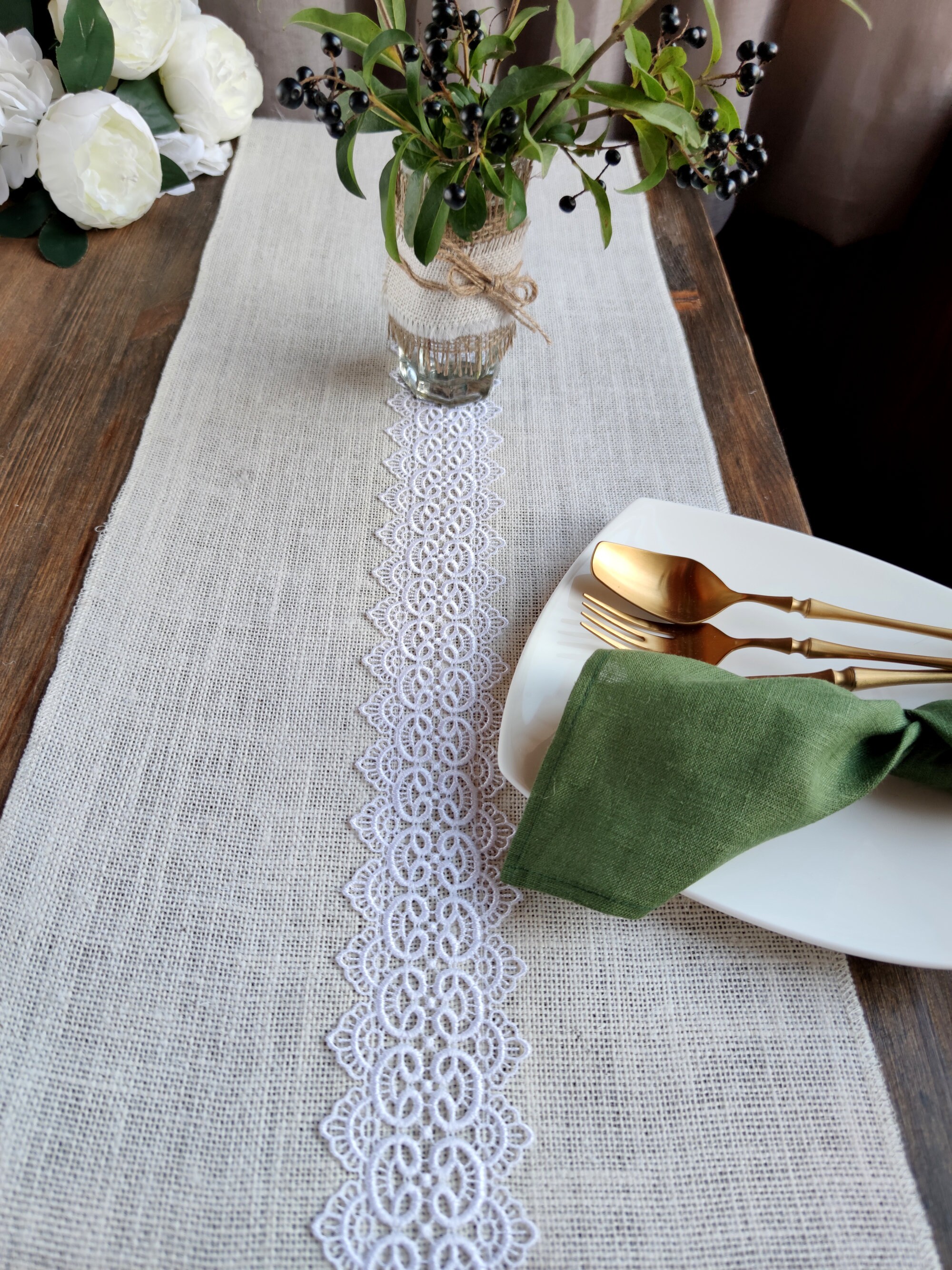 Ivory Burlap Table Runner With White Lace Burlap Runner for Etsy Sweden