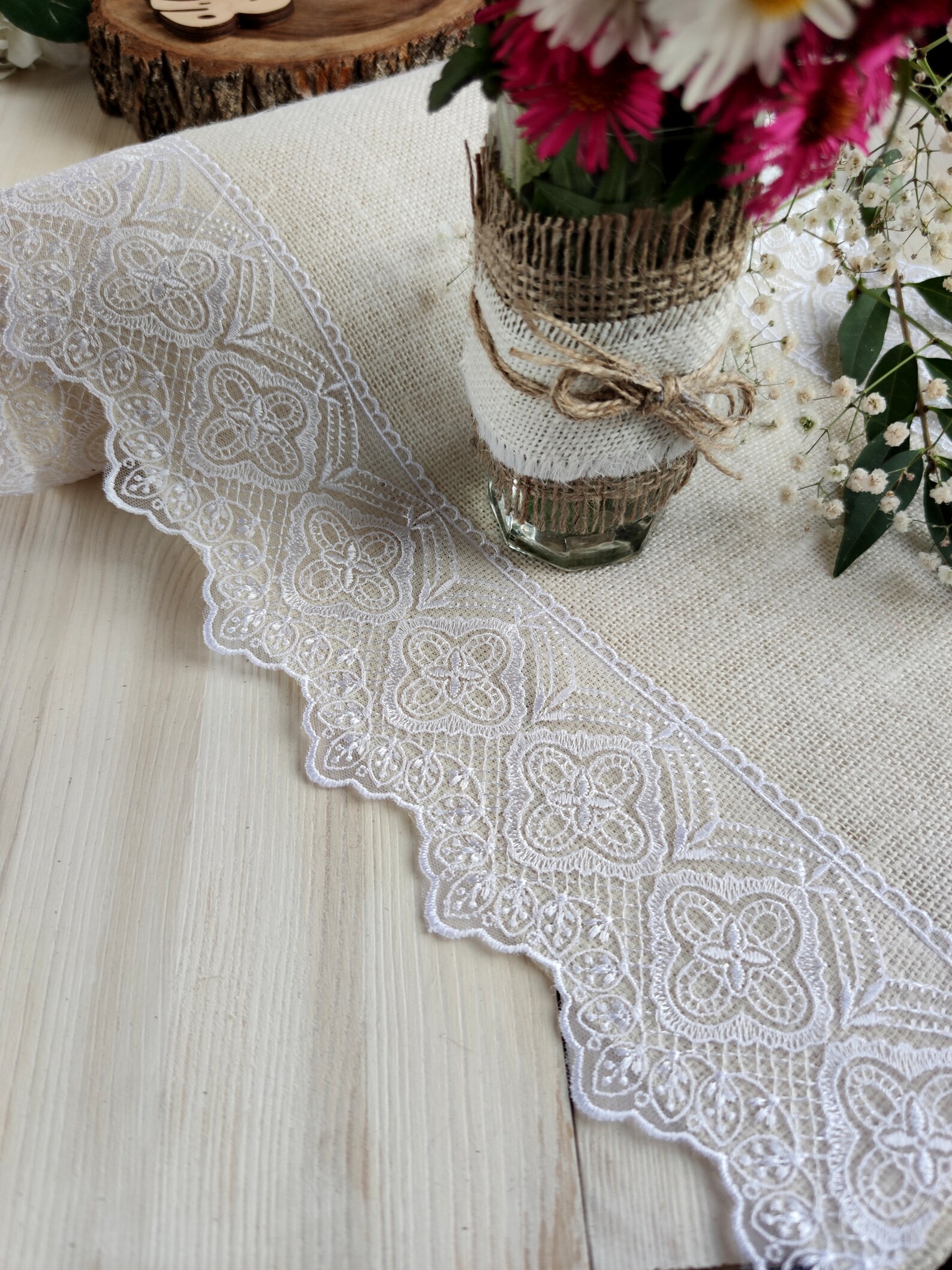 Wedding Table Runner, Ivory Burlap Table Runner With White Lace, Jute ...