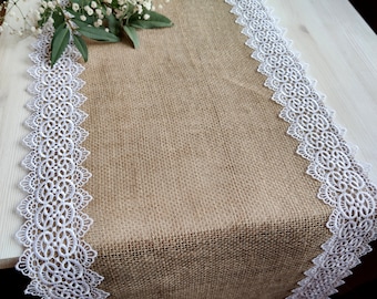 Jute table runner, Table runner burlap with white lace, Wedding table runner