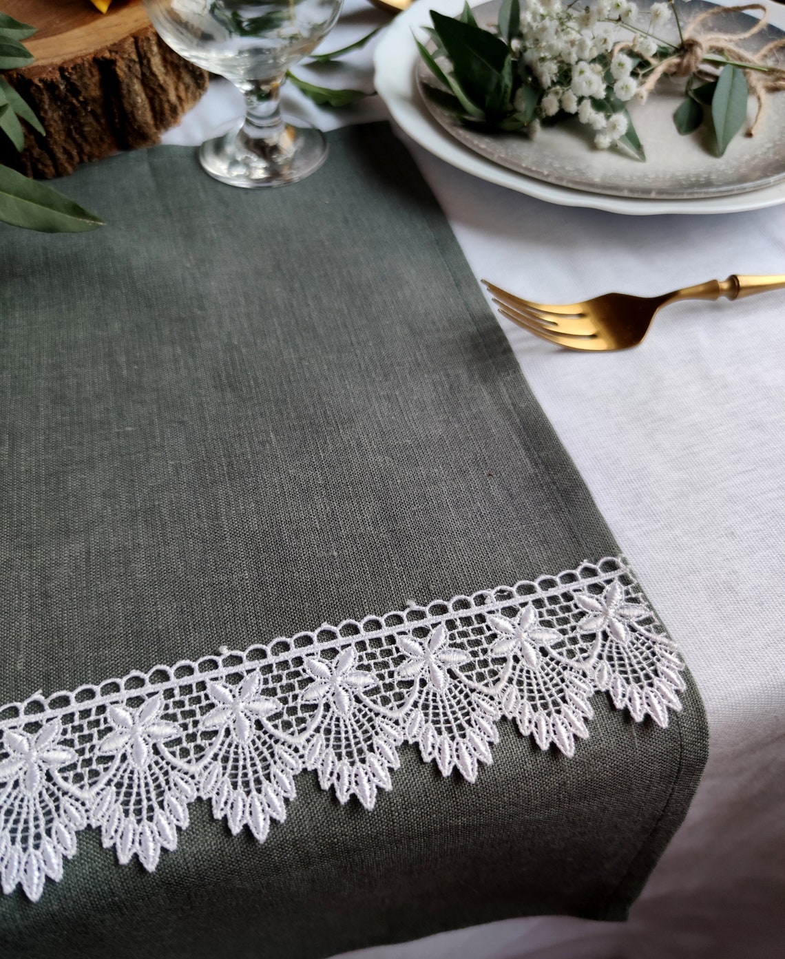 Dark Grey Linen Table Runner With White Lace Linen Table Etsy