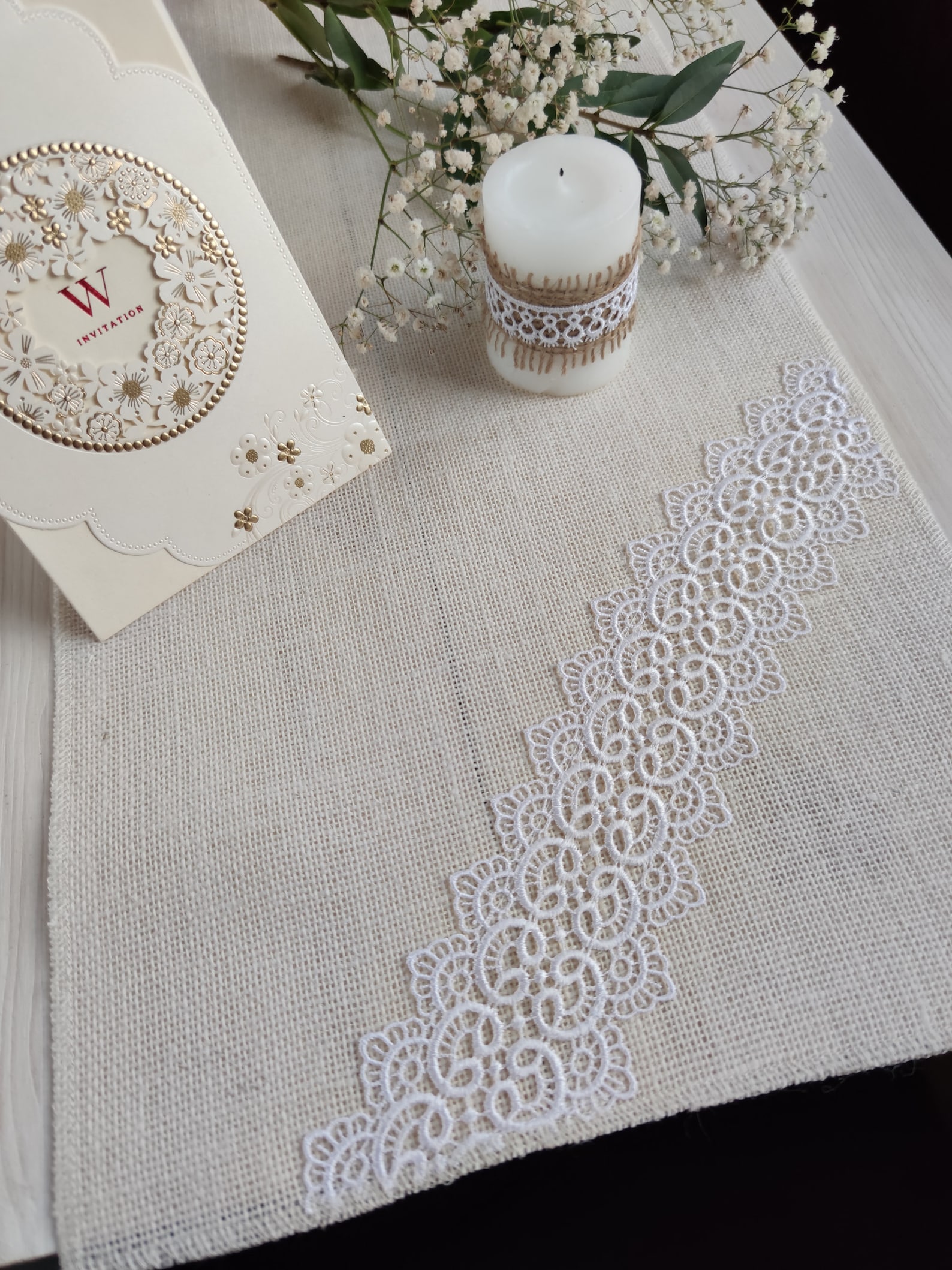 Wedding Table Runner, Ivory Burlap Table Runner With White Lace ...