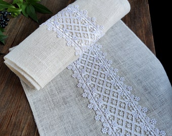 Ivory burlap table runner with white lace, Burlap runner for tabletop,  Jute Table Runner - Ideal for Wedding Centerpieces and Rustic Decor