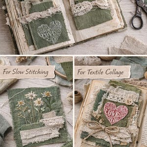 May include: Open book with pages featuring fabric embellishments. Green fabric squares with lace trim and heart-shaped designs. The text "For Junk Journaling", "For Slow Stitching", and "For Textile Collage" are visible.