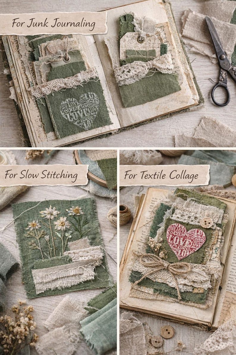 May include: Open book with pages featuring fabric embellishments. Green fabric squares with lace trim and heart-shaped designs. The text "For Junk Journaling", "For Slow Stitching", and "For Textile Collage" are visible.