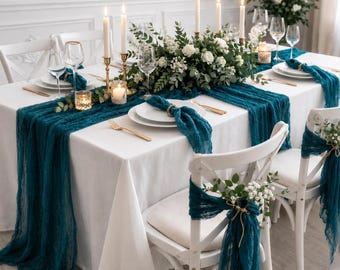 Dark Turquoise Gauze Table Runner, Farmhouse Table and Chair