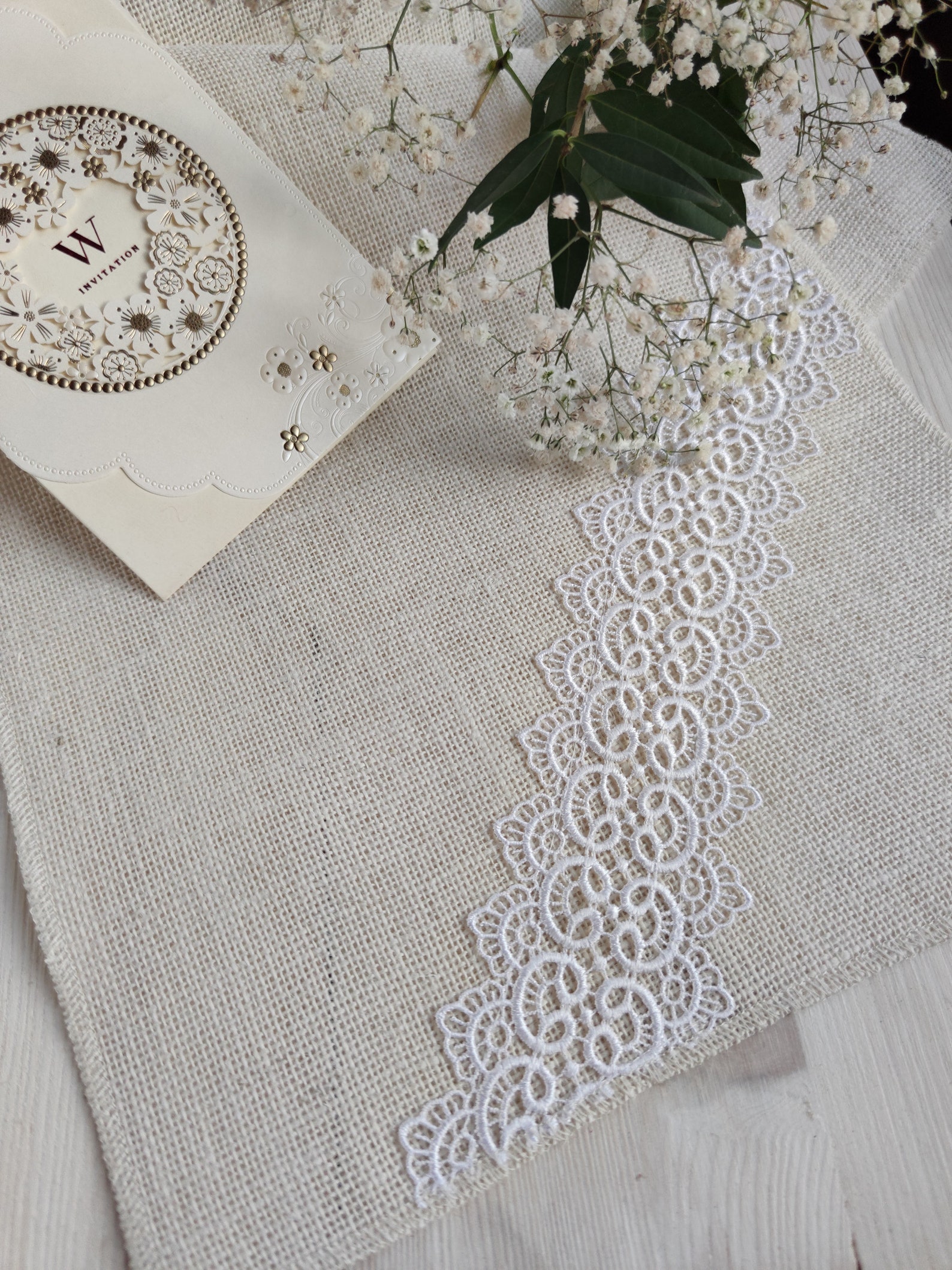Wedding Table Runner, Ivory Burlap Table Runner With White Lace ...