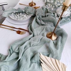 Sage green gauze table runner, Rustic wedding decor for centerpiece, Boho table runner RU-117