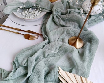 Sage green gauze table runner, Rustic wedding decor for centerpiece, Boho table runner RU-117