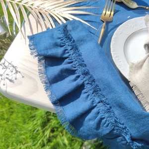 Ruffled linen table runner with fringe, Navy blue Linen tablecloth, Washed soft linen table cloth