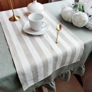 May include: A white linen table runner with brown stripes, placed on a green linen tablecloth with ruffles. A white cup and saucer, a gold spoon, and a vase with dried palm leaves are on the table runner.