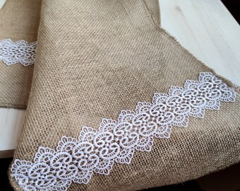Wedding table runner lace, Table runner burlap with white lace, jute table  runner