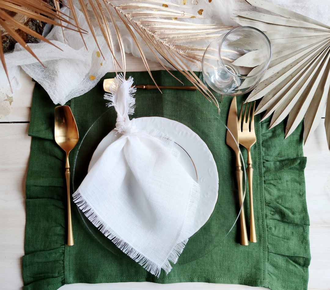 Green Linen Placemats With Ruffle Natural Stonewashed Linen Etsy