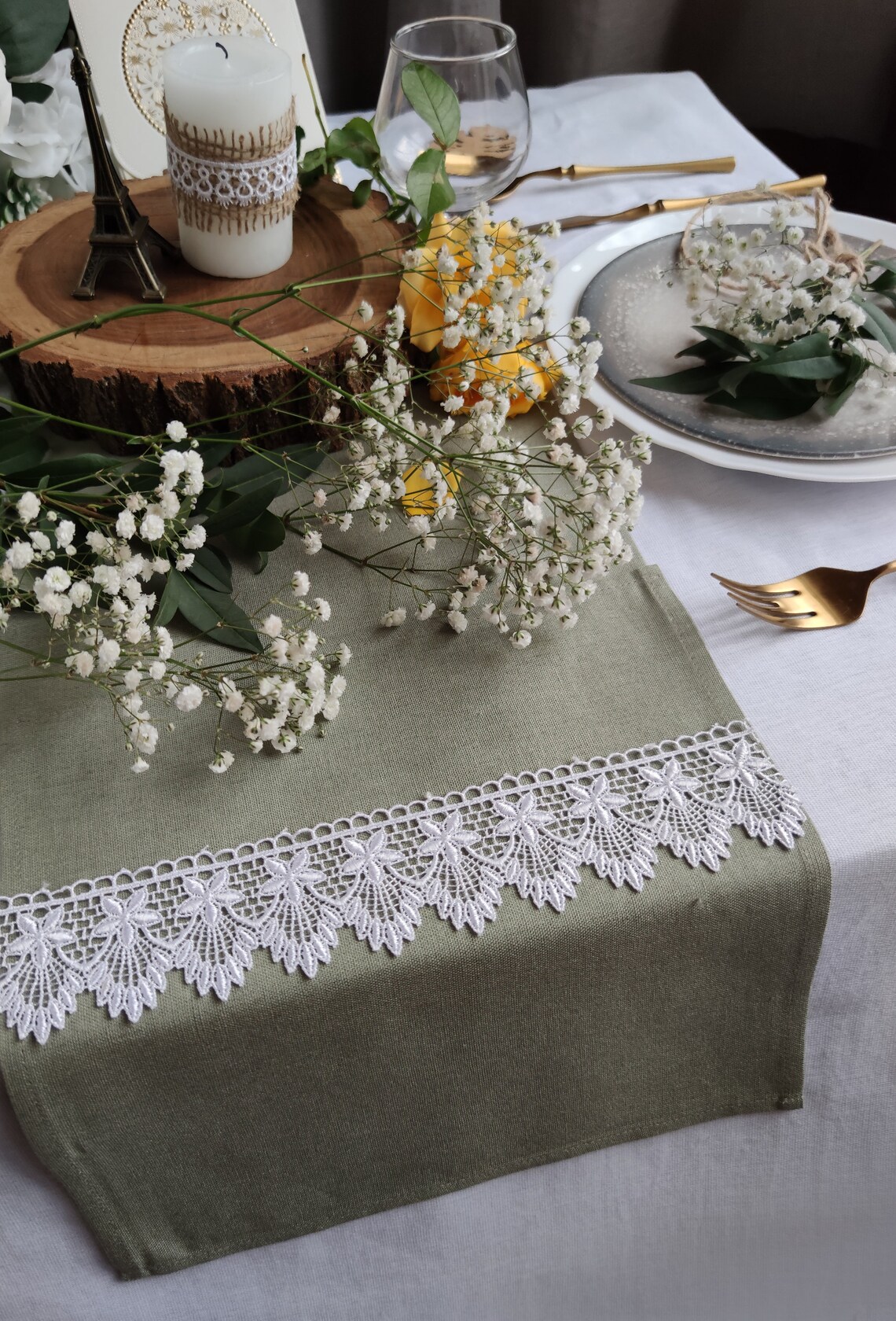 Sage green linen viscose table runner with white lace Home Etsy