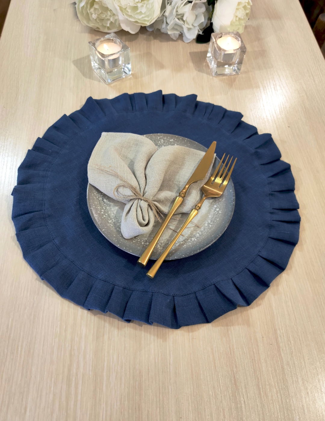 Placemats Round Table for the Wedding, Navy Blue Linen Placemats