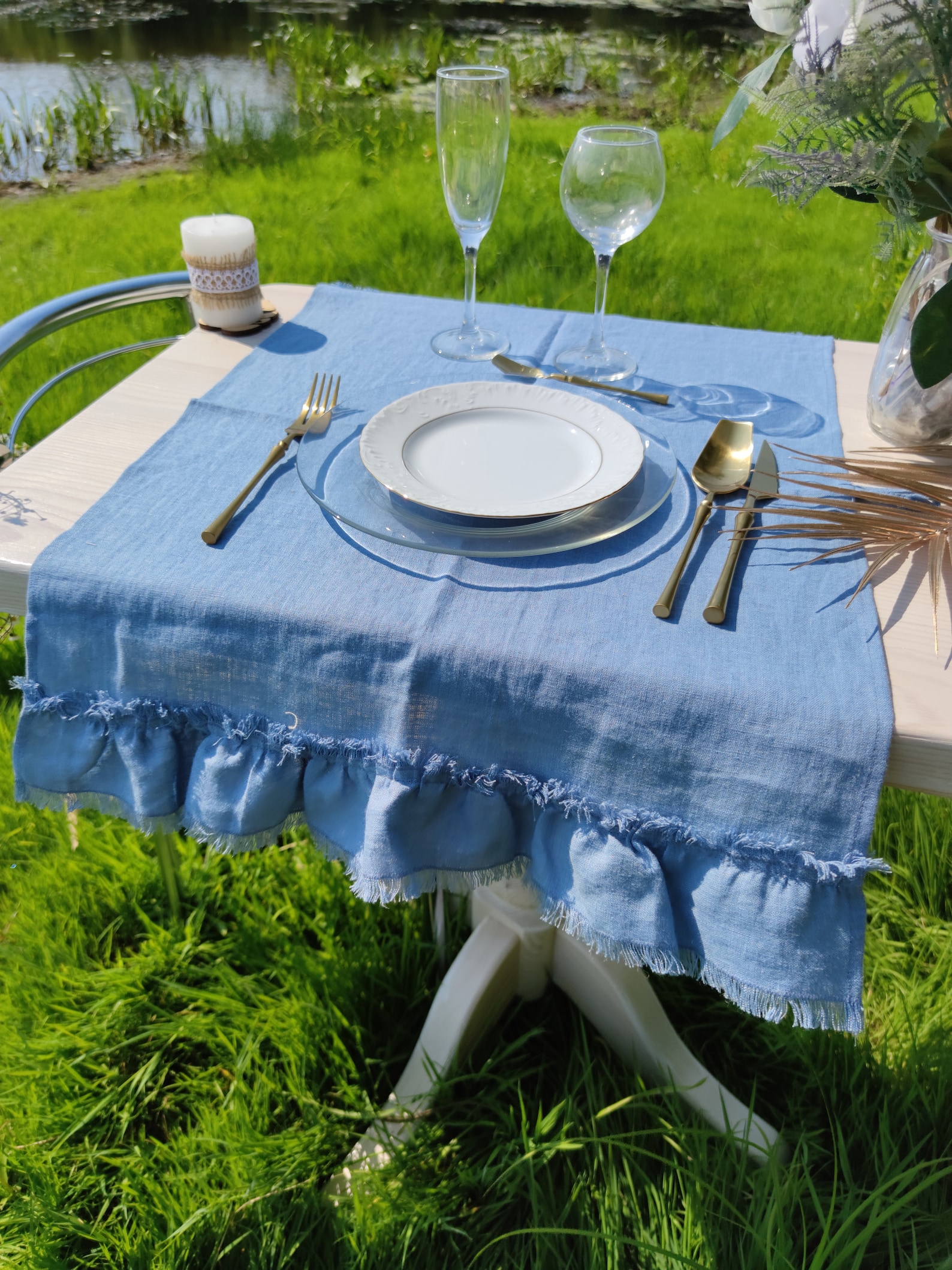 Ruffled Linen Table Runner With Fringe Navy Blue Linen Etsy