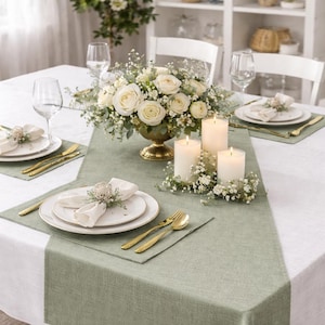 Olive green linen table runner, Rustic Wedding long table runner. Boho table centerpiece image 6