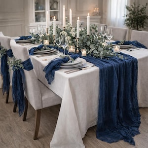 Navy blue gauze table runner, Cheesecloth wedding table runner with napkins, Boho rustic wedding decor, Aisle and reception decoration