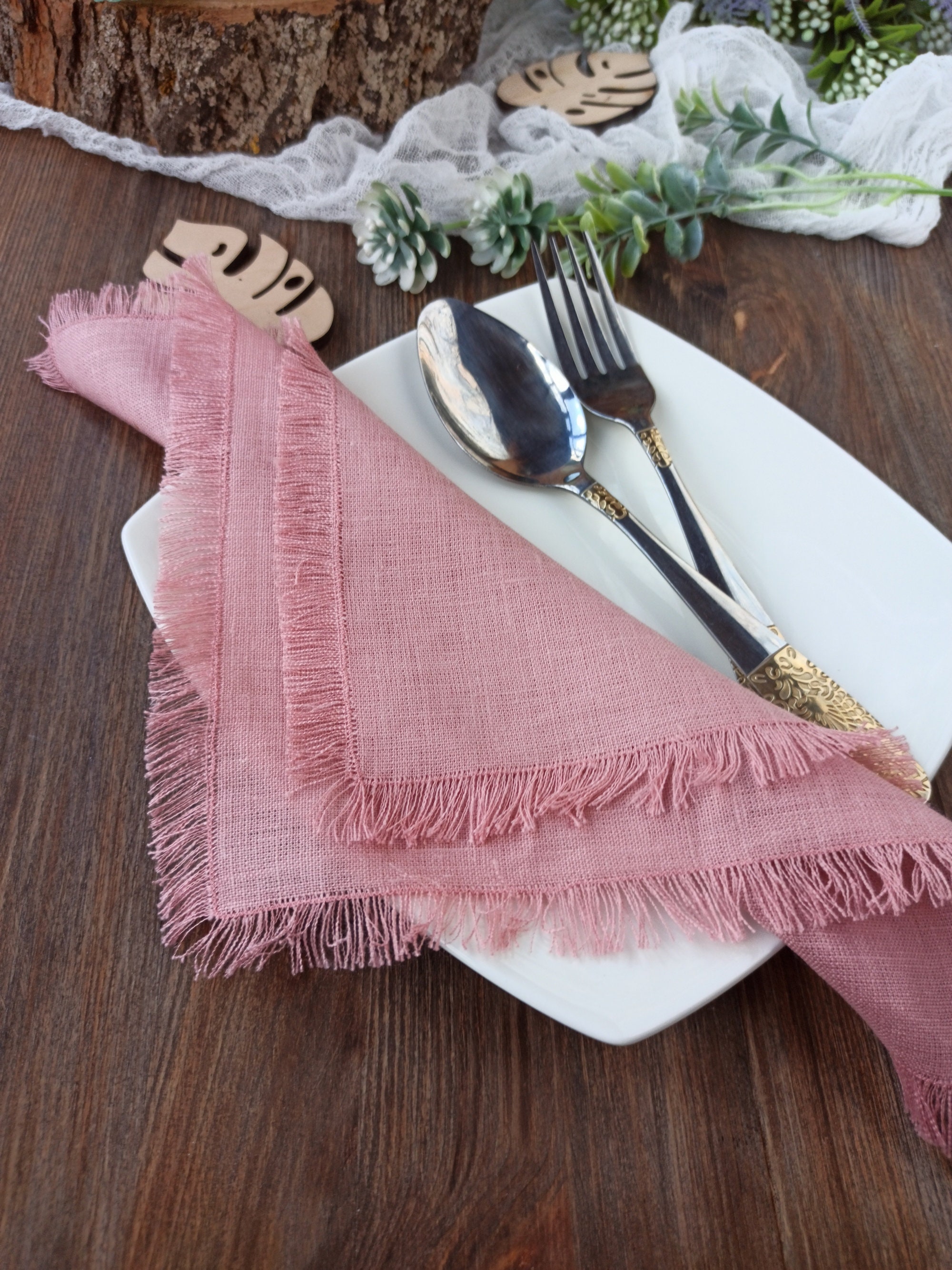 Mauve brown linen napkins Natural softened fringed linen Etsy