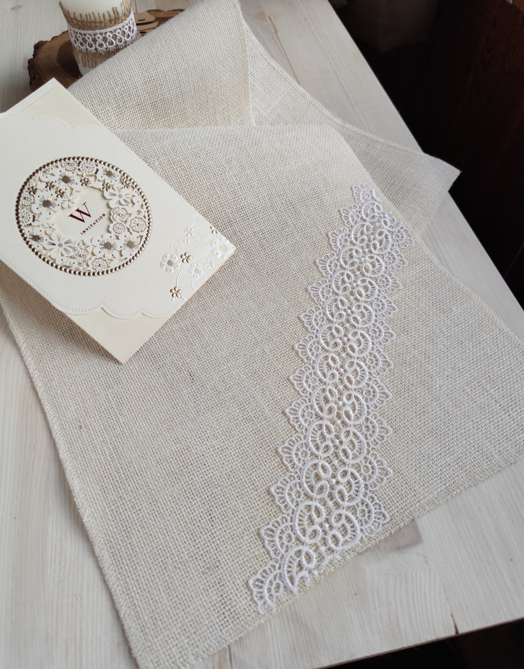 Wedding Table Runner, Ivory Burlap Table Runner With White Lace ...
