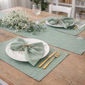 Olive green linen table runner, Rustic Wedding long table runner. Boho table centerpiece image 2