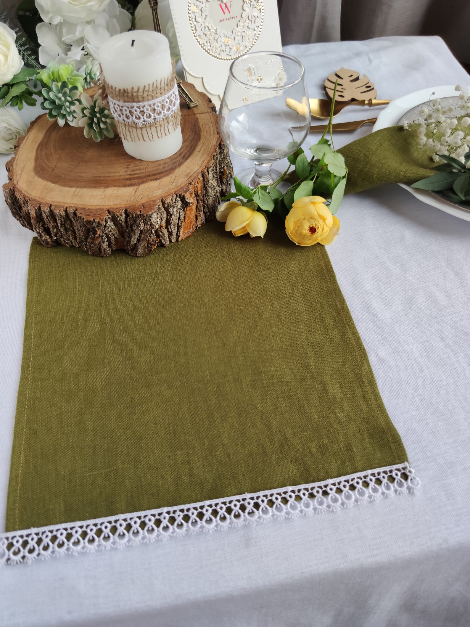 Sage Green Linen Table Runner With White Lace Linen Table Etsy