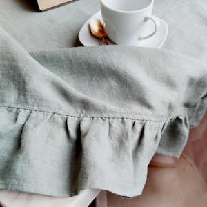 Linen tablecloth for kitchen decor, Custom size cloth in rectangle, oval, or round Sage green boho table cloth Large tablecloth with ruffles