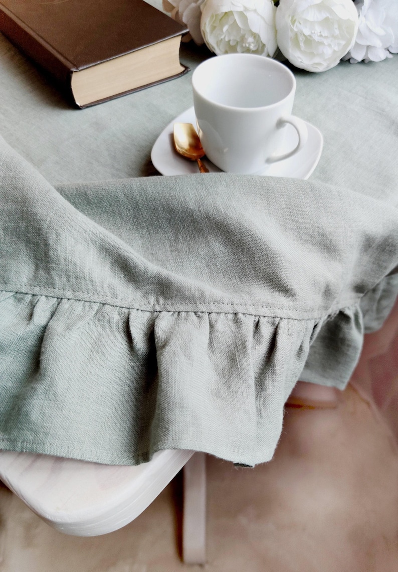 Linen tablecloth for kitchen decor, Custom size cloth in rectangle, oval, or round Sage green boho table cloth Large tablecloth with ruffles image 1