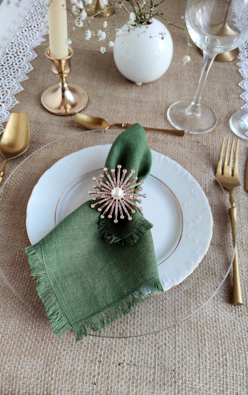 Linen napkin bulk, Moss green cloth dinner napkins, Natural softened fringed linen napkins, Wedding napkins LN 156 image 1
