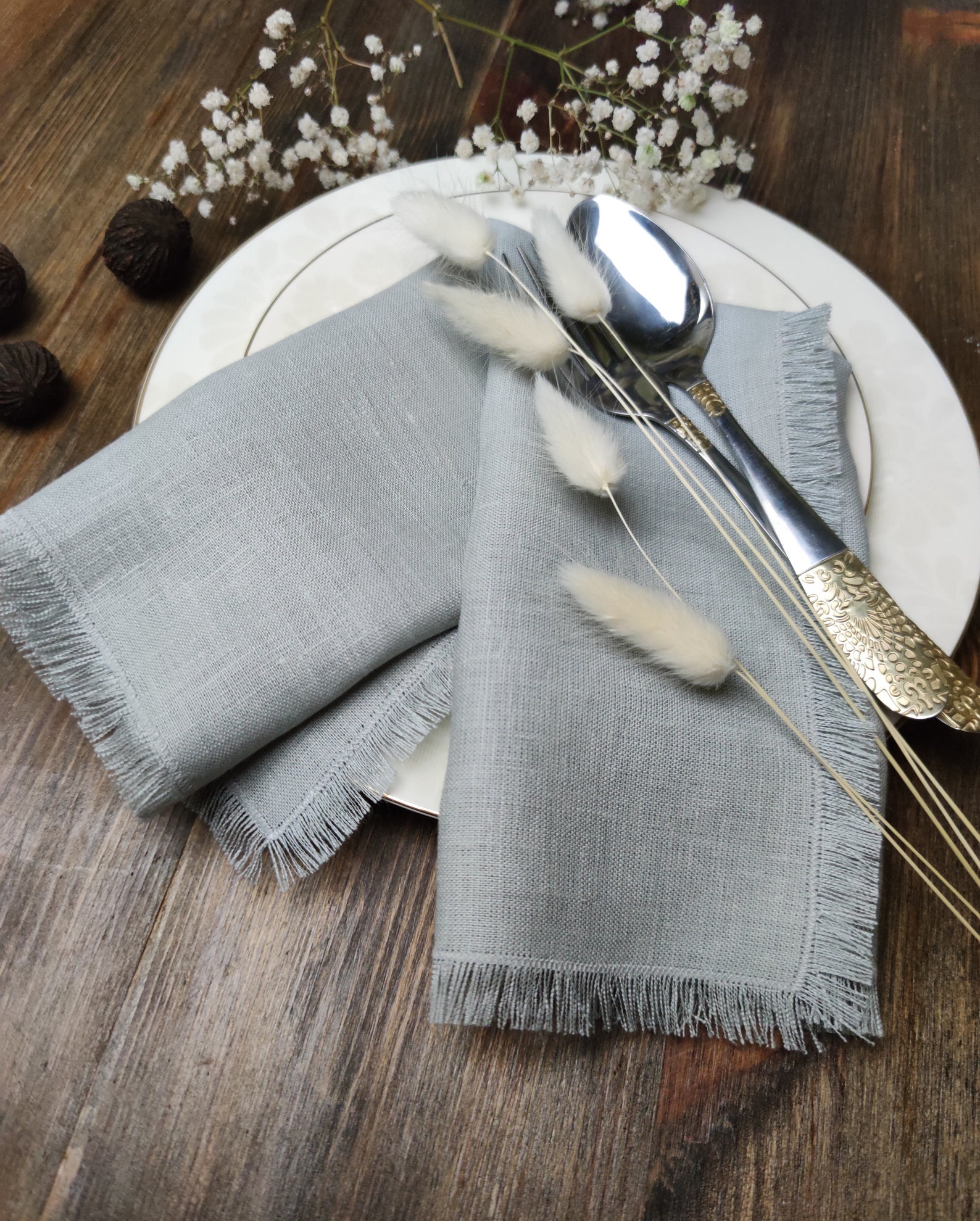 Light Gray Linen Napkin Bulk Natural Softened Fringed Linen Etsy
