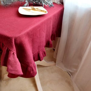 Linen tablecloth for kitchen decor, Custom size cloth in rectangle, oval, or round Sage green boho table cloth Large tablecloth with ruffles image 12