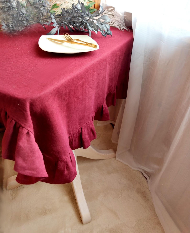 Linen tablecloth for kitchen decor, Custom size cloth in rectangle, oval, or round Sage green boho table cloth Large tablecloth with ruffles image 12