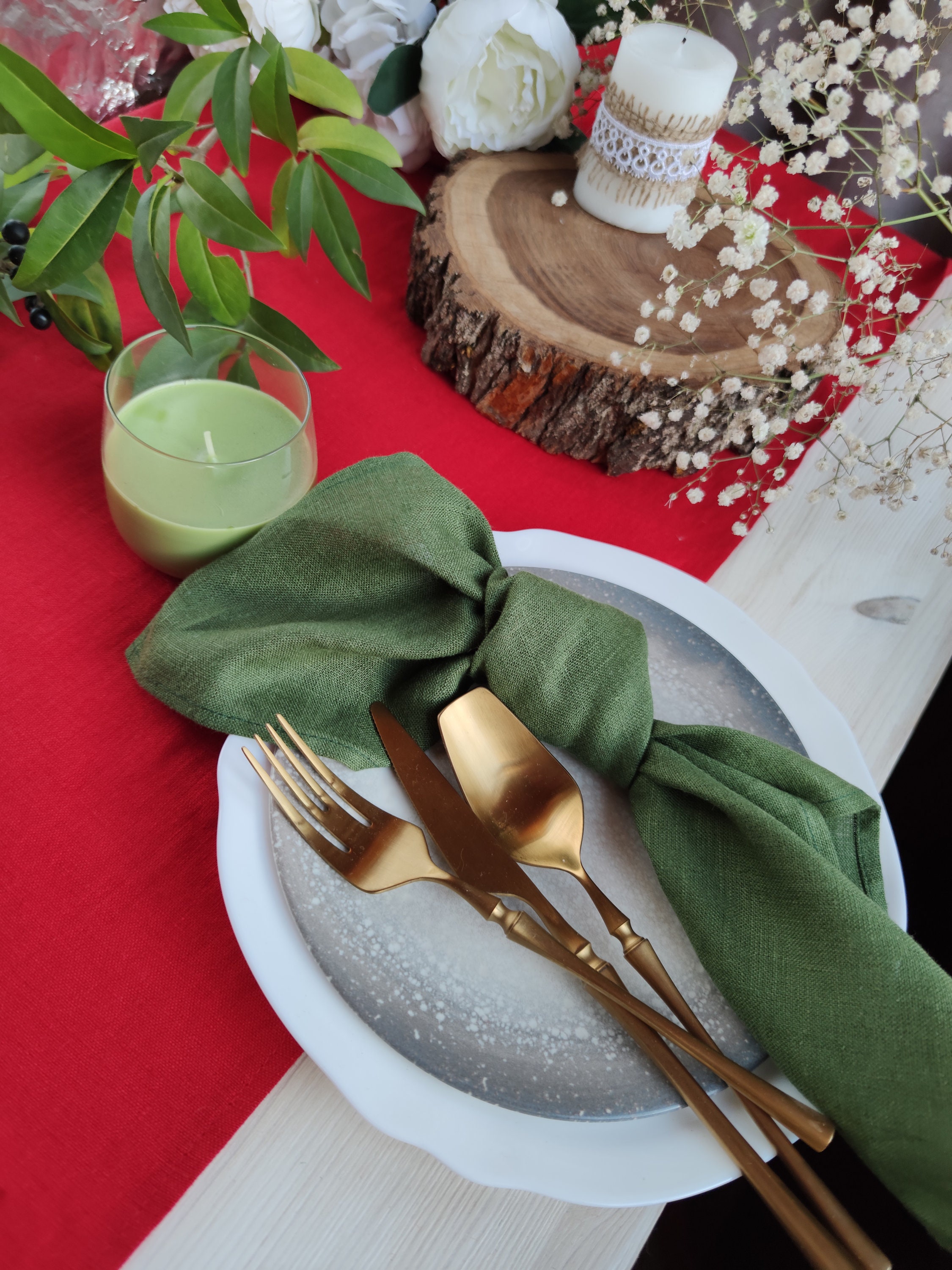 Set of 6 Green Linen Napkins, Minimalist Christmas Napkins, Bulk Napkins,  Organic Cloth Napkins, Moss Green Table napkins, Gift