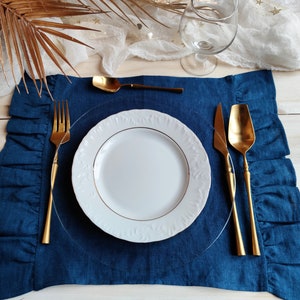 Navy blue linen placemats ruffled, Natural linen placemats set of 2, 4, 8, 10 farmhouse, Table decor for wedding image 1