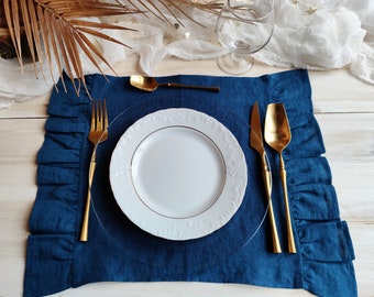 Navy blue linen placemats ruffled, Natural linen placemats set of 2, 4, 8, 10 farmhouse, Table decor for wedding