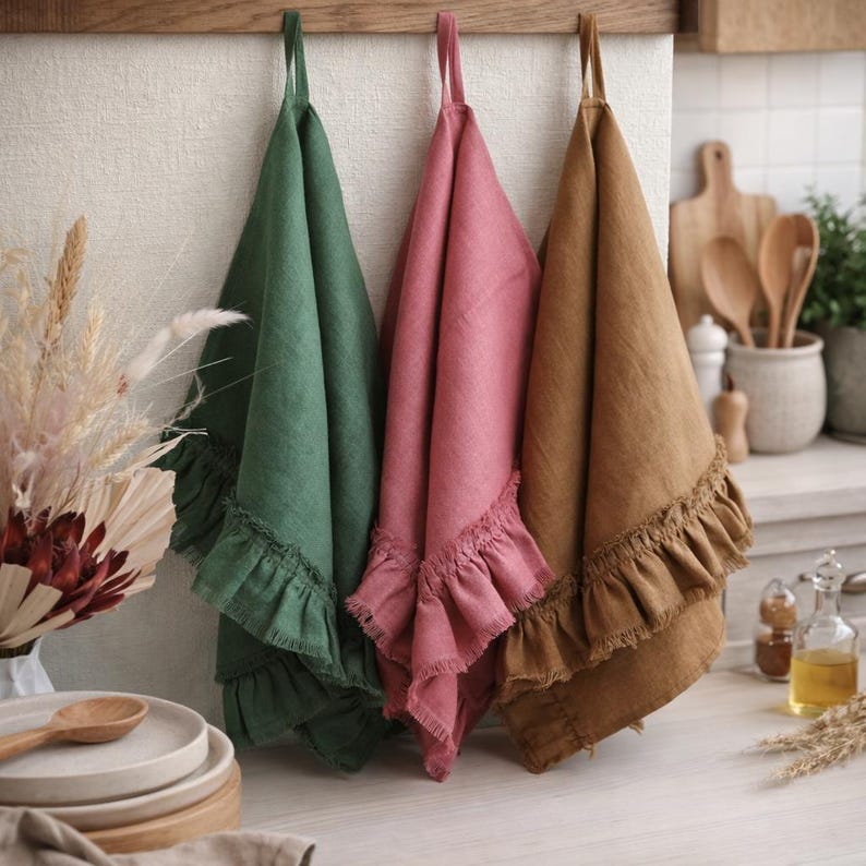 a kitchen counter with three colorful dish towels hanging on a rack. The towels are green, pink, and brown, and they appear to be made of linen. The counter also has various kitchen items, such as a vase with dried flowers, a wooden spoon, and a bottle of oil.