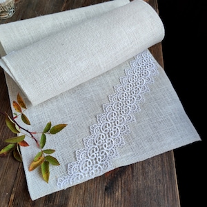 Wedding table runner, Ivory burlap table runner with white lace, Farmhouse runner